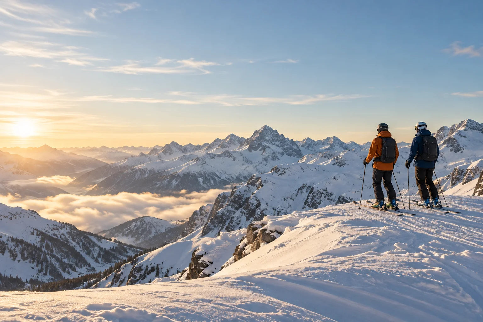 Two skiers looking across sunlit alpine peaks